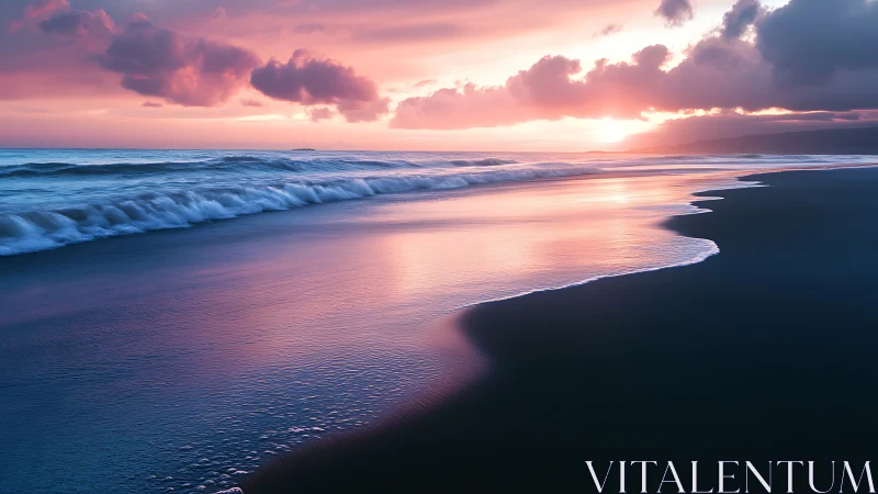 Photorealistic shoreline at dusk with reflective tidal plane.