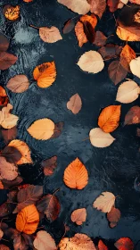 Fallen autumn leaves lie on the dark surface of moving water