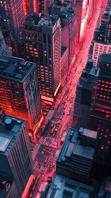 Neon city canyon glows over crowded night avenues.