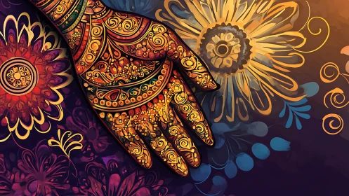 Chromatic henna hand over radial floral energy fields.