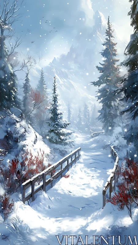 Snow-covered mountain path with wooden railings is depicted