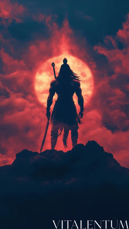 Warrior silhouette dominates molten crimson sun horizon