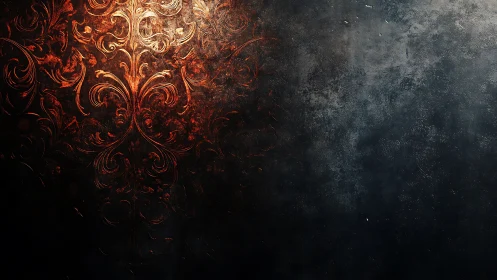 Burnished baroque ornament glows against dark textured void