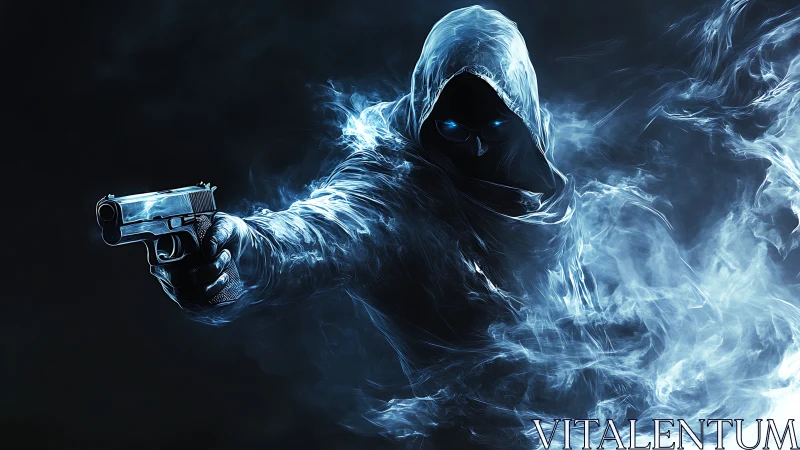 Hooded spectral gunman emerging from swirling blue smoke.
