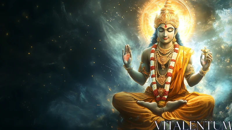 Seated multi-armed deity in luminous celestial environment.