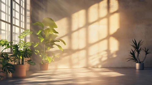 Soft volumetric sunlight casts window grid shadows on indoor plants