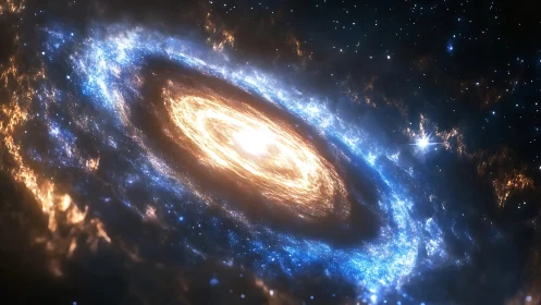 Spiral galaxy rendering with luminous central disk region.