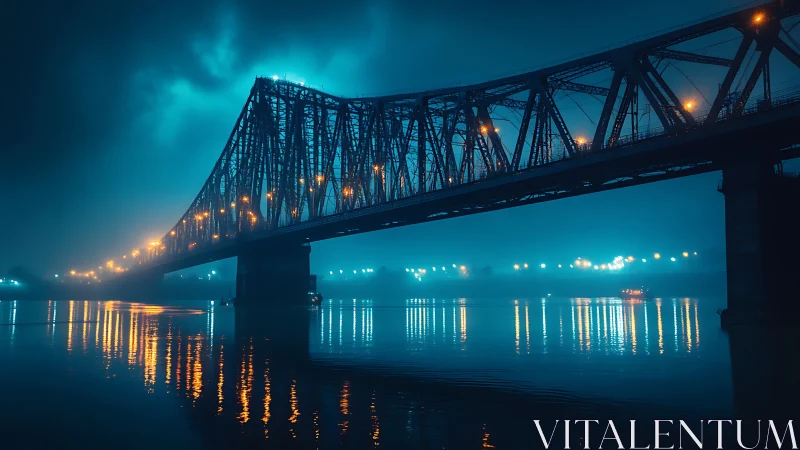Steel truss bridge at night with neon cyan river reflections.