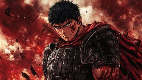 Blood-soaked warrior glares back at a storm of red ruin