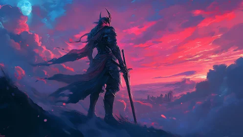 Armored warrior overlooks neon dusk city in cinematic framing