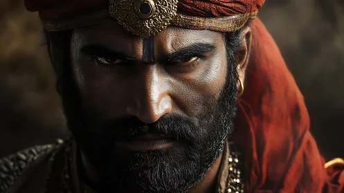 Warrior king portrait under intense dramatic lighting.