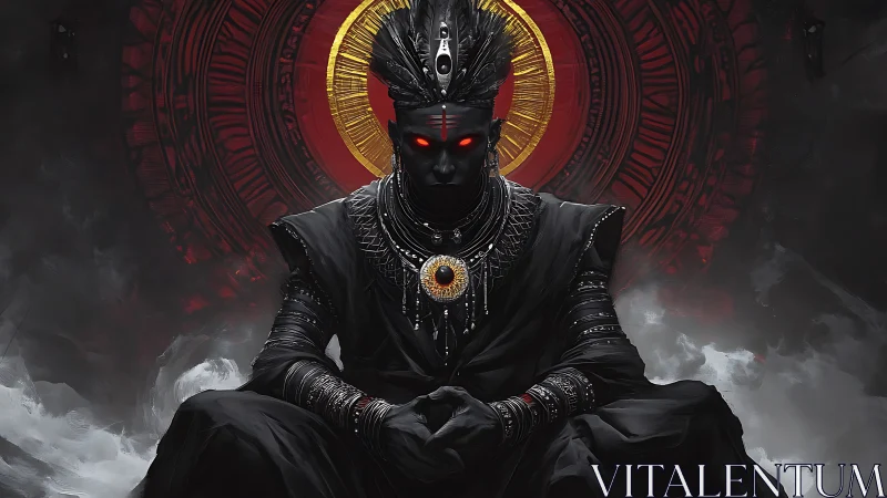 Dark enthroned deity rendered in high-contrast digital chiaroscuro