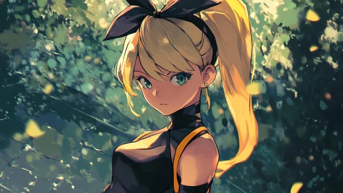 Blonde anime girl in forest light with focused gaze.