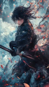 Storm-forged samurai warrior cuts through swirling embers.