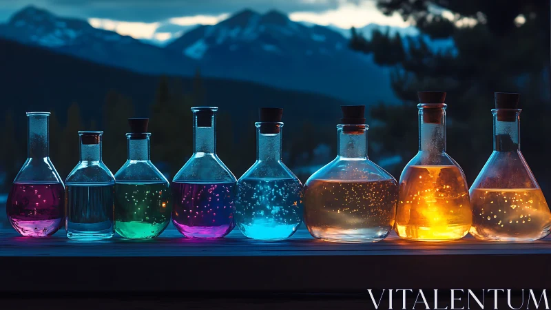 Glowing colorful potion bottles lined up before mountains.