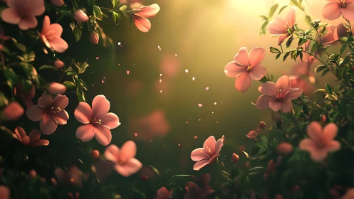 Pink flowers illuminated by warm golden sunlight with bokeh