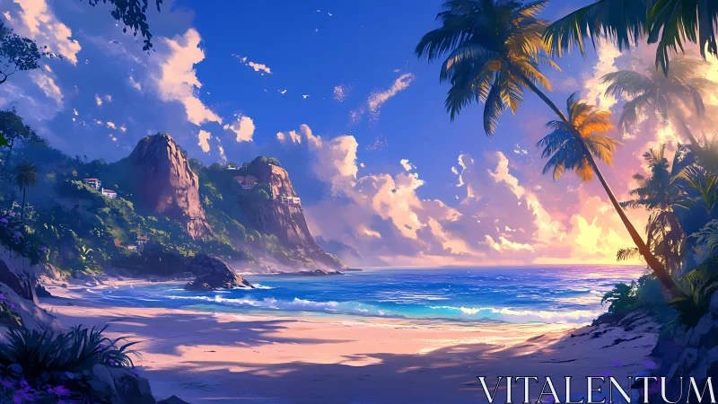 Tropical Sunset Beach with Dramatic Rock Formations