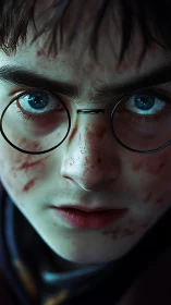 Determined young wizard gazes ahead with bright, steady eyes.