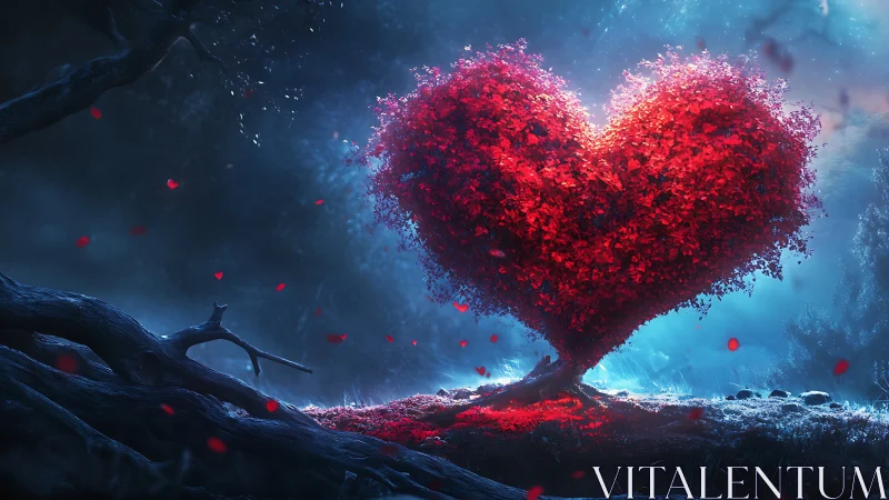 Heart Tree Glowing Red Against Deep Blue Cosmic Landscape.