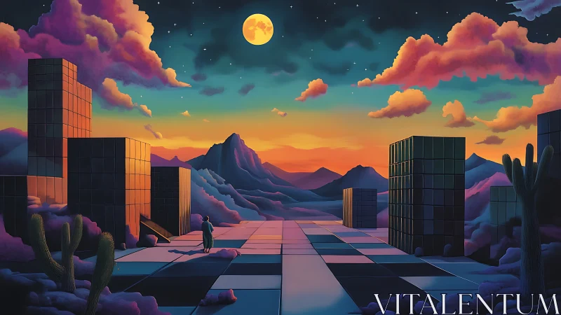 Geometric platforms and towers under moonlit desert sky.