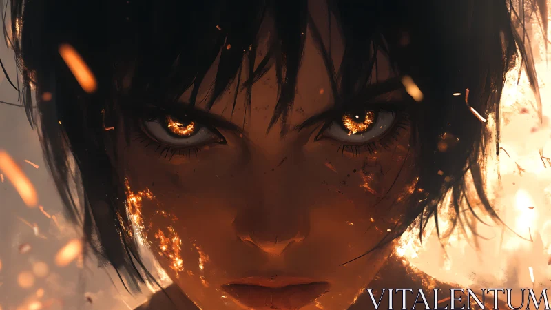 Fiery-eyed warrior stares ahead through drifting embers.