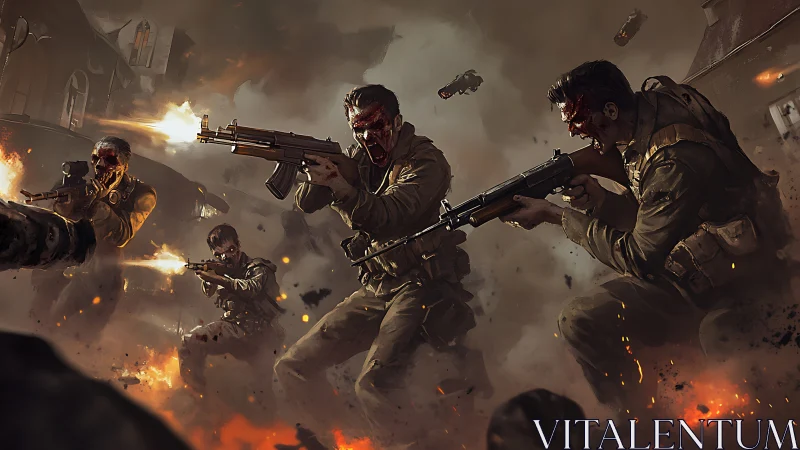 Zombie soldiers advance through urban battlefield under fire