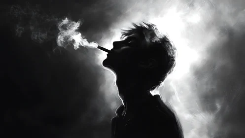 Backlit profile silhouette of person smoking in grayscale.