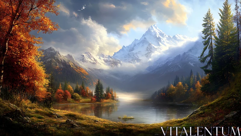 Golden autumn lake beneath quiet snowcapped mountains.