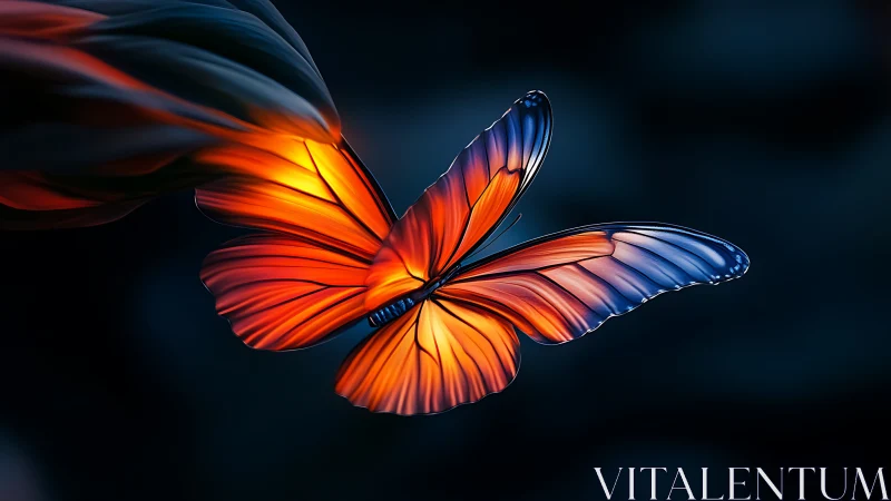 Bioluminescent-toned butterfly against dark blurred field.