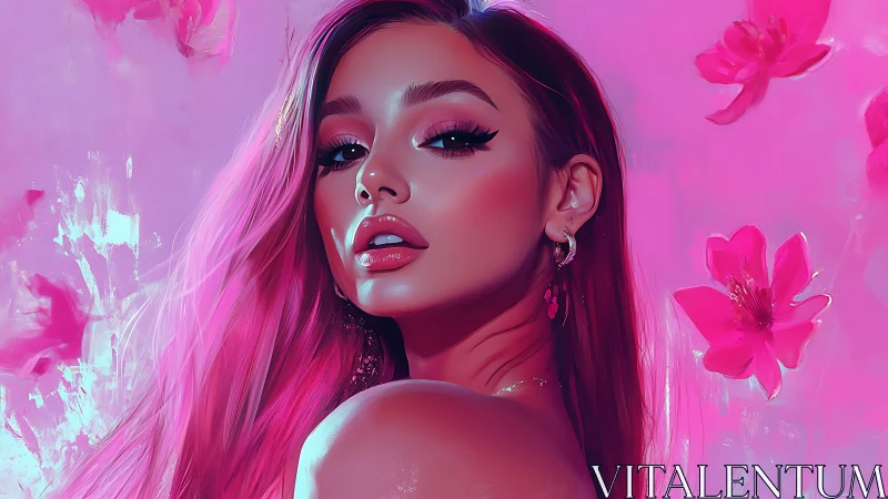 Digital portrait of pink haired woman with floral backdrop.