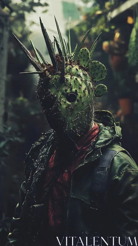 Figure wearing cactus mask in dense greenhouse setting.