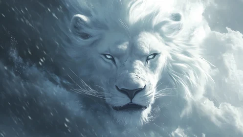 Ethereal white lion portrait in storm-forged digital painting.