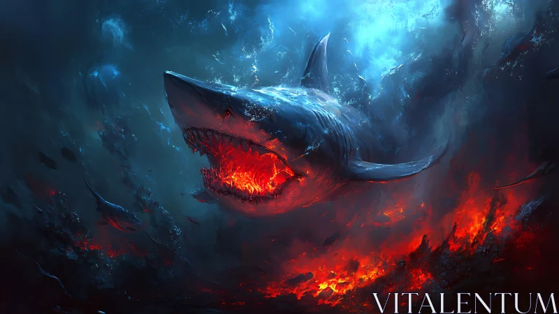 Infernal deep-sea shark lunging through blazing abyssal fire.