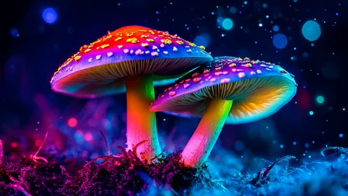 Bioluminescent-style mushrooms in saturated neon colors.