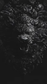 Midnight baroque lion erupts from swirling ornamental shadows