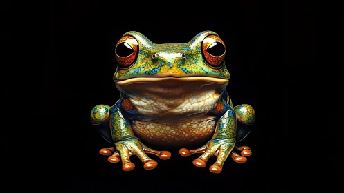 Iridescent tree frog portrait in hyperreal studio light.