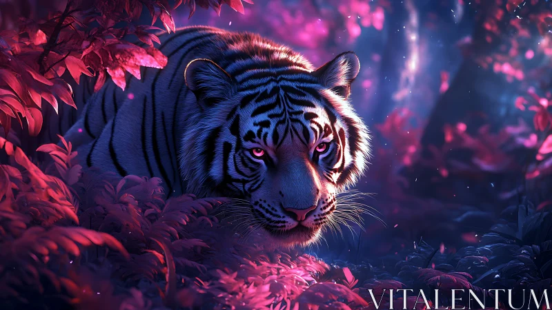 Neon jungle tiger stalking through glowing violet foliage.