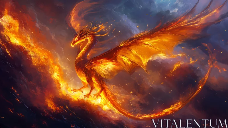 Fiery dragon ascends through molten sky in blazing vortex