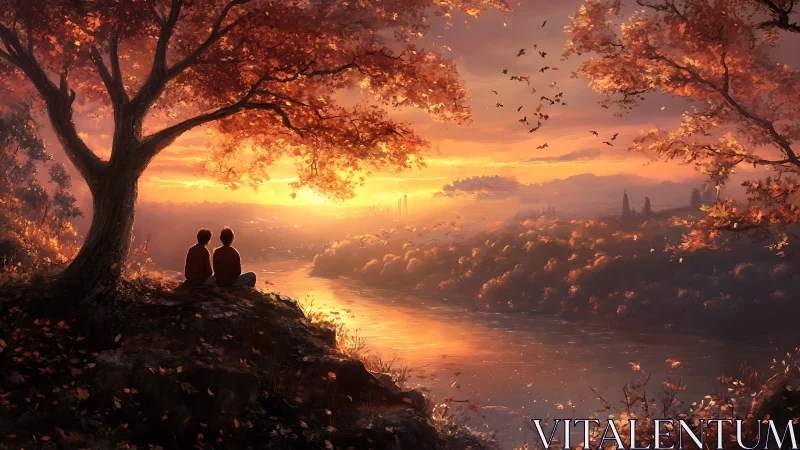 Two figures beneath golden tree overlooking misty river valley at sunset