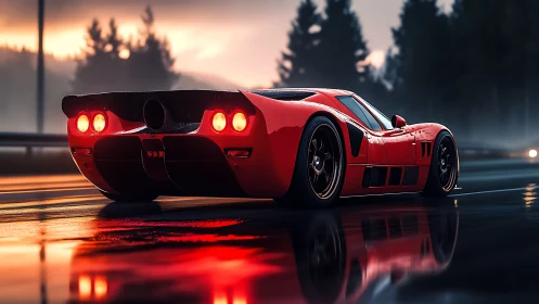 Red supercar cuts through wet highway at misty sunrise