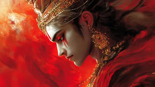 Digital painting profile of regal warrior in molten reds.