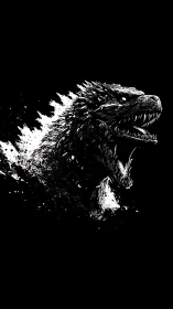 Monochrome kaiju profile erupts through splattered negative space