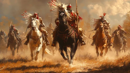 Warriors on horseback charge across a dust-filled plain.