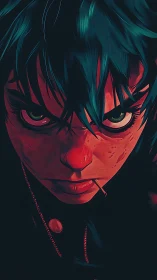 Intense neon-lit portrait of defiant youth with lollipop glare