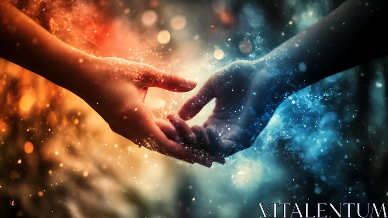 Two Hands Touching with Contrasting Fire and Ice Energy Emissions