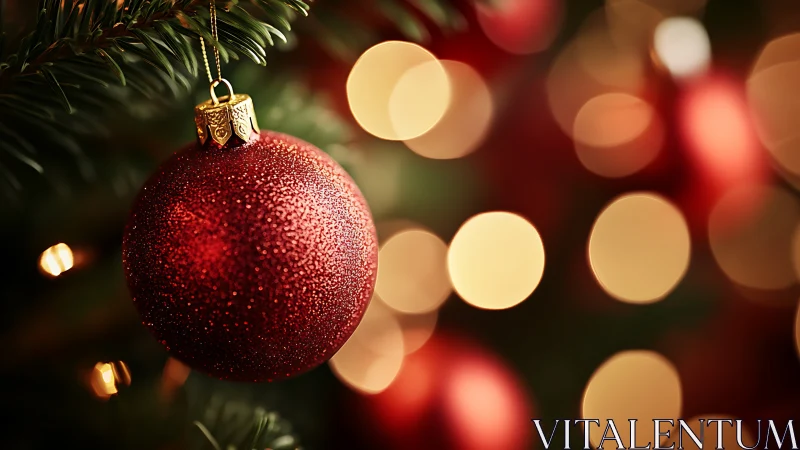 Red ornament on evergreen branch with defocused lights.