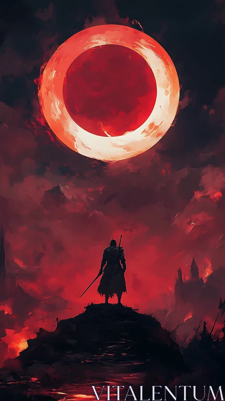 Solitary warrior beneath red circular celestial eclipse.