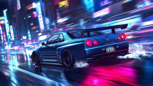 Tuned blue sports coupe drifting neon city street at night