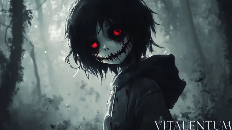 Hooded figure with skeletal face stands in a foggy forest