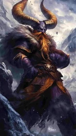 Horned frost warlord in fur armor amid glacial maelstrom.
